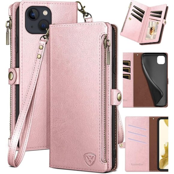 case for iPhone 15 6.1" Wallet Zipper Credit Card RFID Blocking pink - Picture 1 of 6